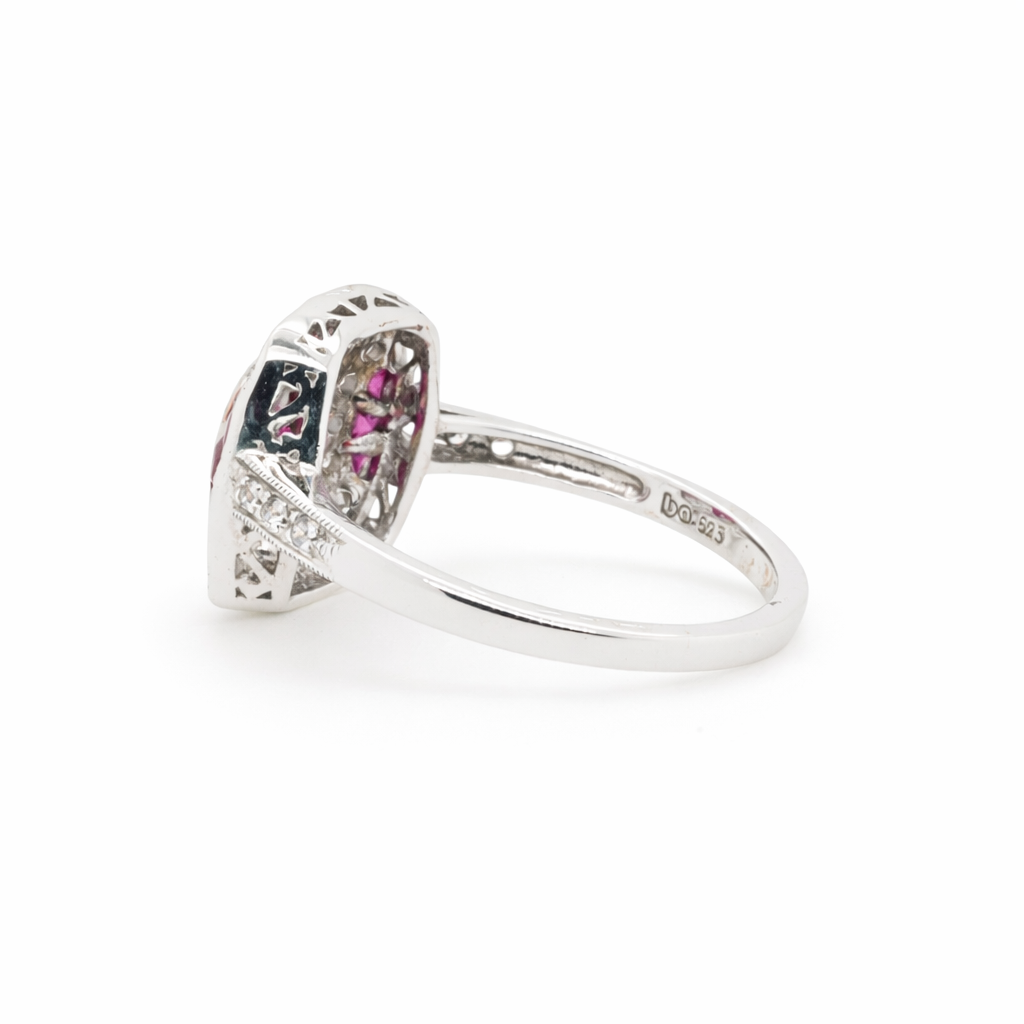 Sterling Silver Natural Rubies and CZ Art Deco Ring