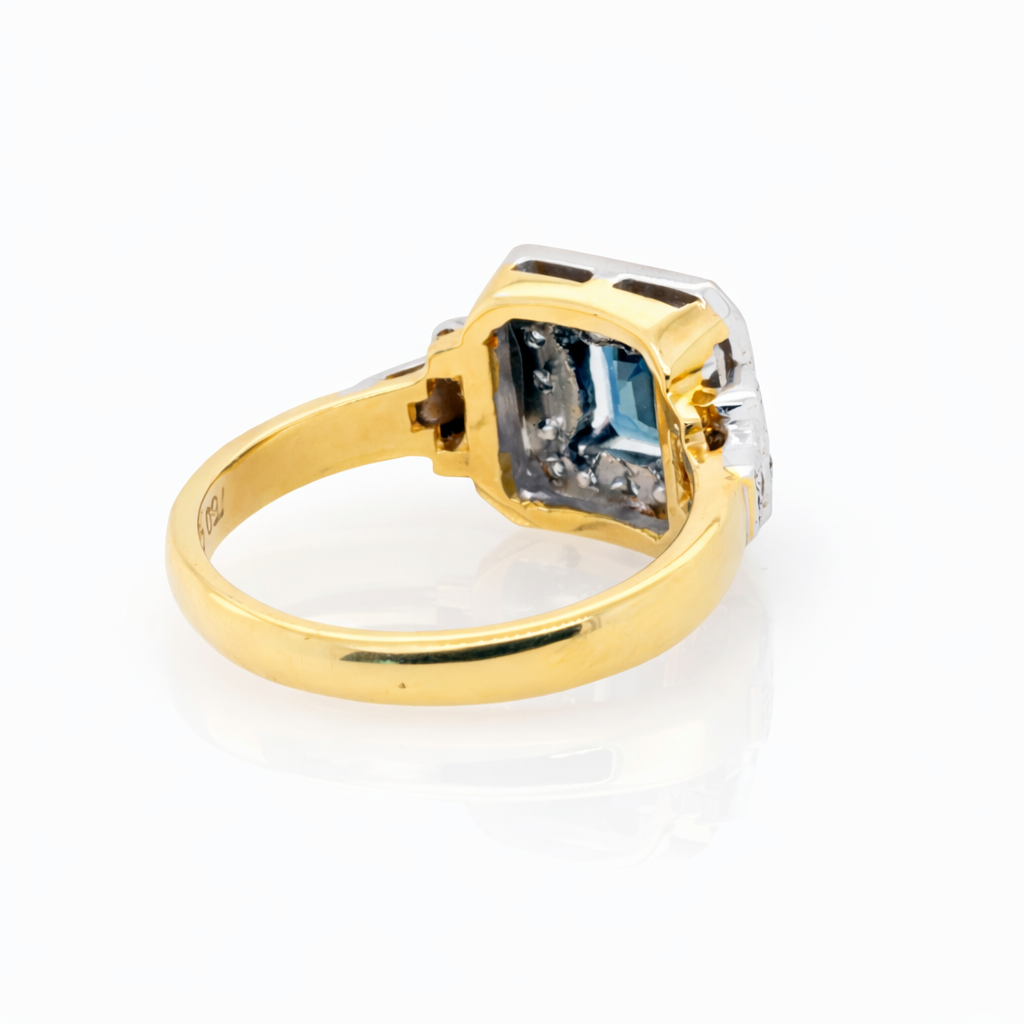 18ct Yellow and White Gold Deco Ring Australian Sapphire and Diamonds