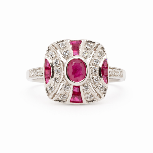 Sterling Silver Natural Rubies and CZ Art Deco Ring