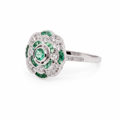 9ct White Gold Natural Emeralds and Diamond Art Deco Ring