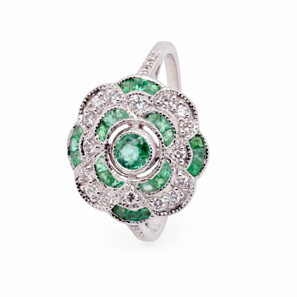 9ct White Gold Natural Emeralds and Diamond Art Deco Ring