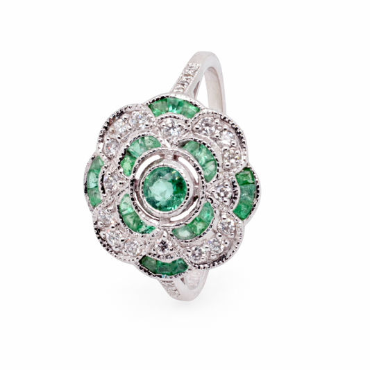 9ct White Gold Natural Emeralds and Diamond Art Deco Ring