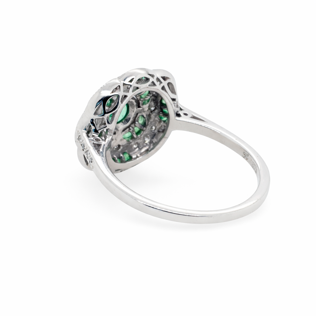 9ct White Gold Natural Emeralds and Diamond Art Deco Ring