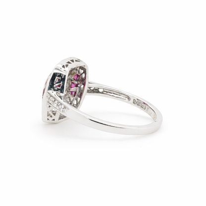 Sterling Silver Natural Rubies and CZ Art Deco Ring