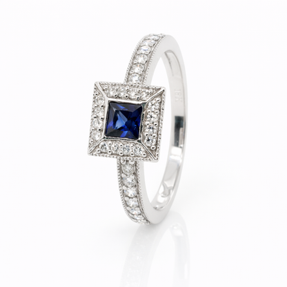 18ct White Gold Sapphire and Diamond Halo Ring