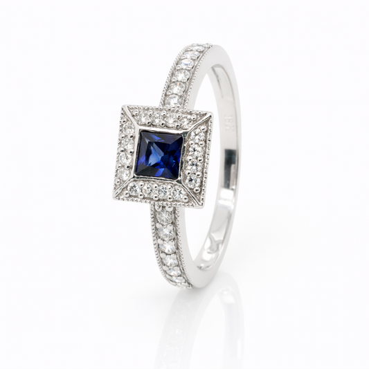 18ct White Gold Sapphire and Diamond Halo Ring