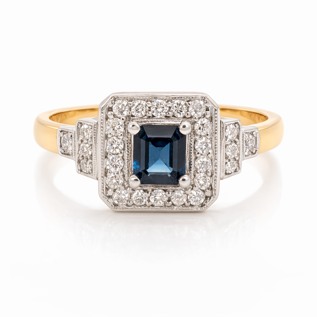 18ct Yellow and White Gold Deco Ring Australian Sapphire and Diamonds