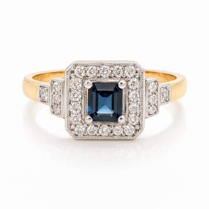 18ct Yellow and White Gold Deco Ring Australian Sapphire and Diamonds