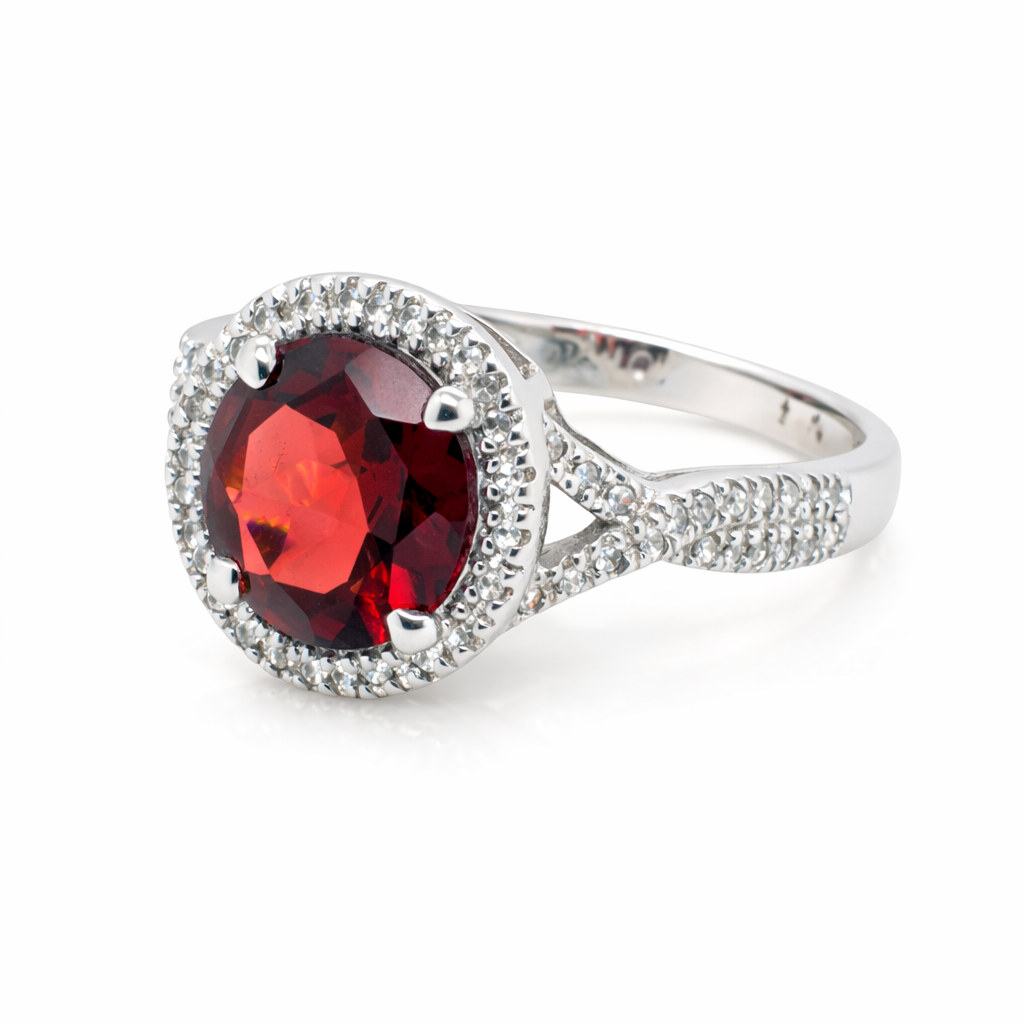 9ct White Gold Garnet and Diamond Ring