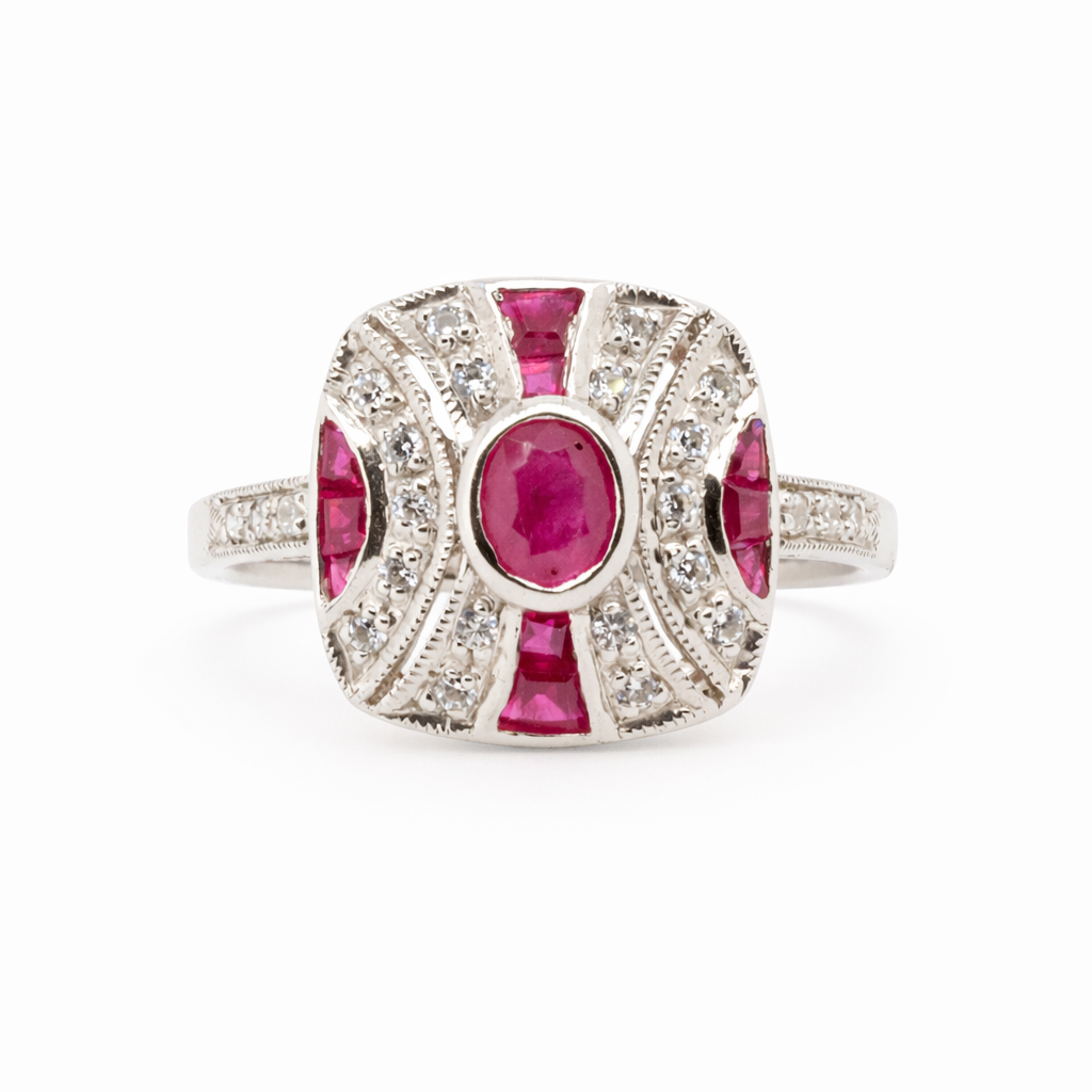 Sterling Silver Natural Rubies and CZ Art Deco Ring