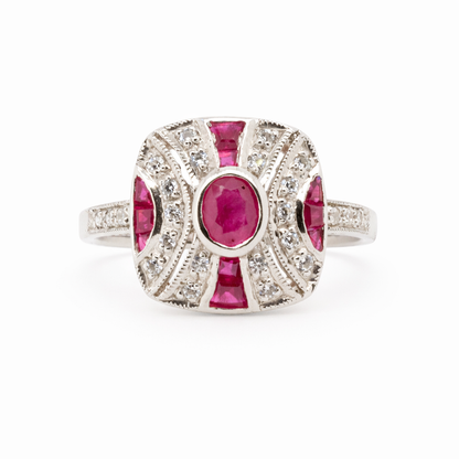 Sterling Silver Natural Rubies and CZ Art Deco Ring