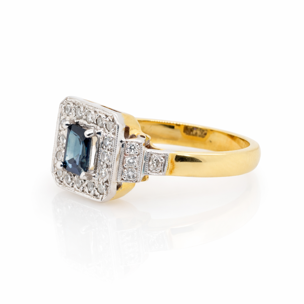 18ct Yellow and White Gold Deco Ring Australian Sapphire and Diamonds