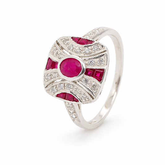 Sterling Silver Natural Rubies and CZ Art Deco Ring