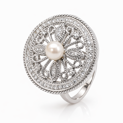 18ct White Gold Diamond and Fresh  Water Pearl Ring