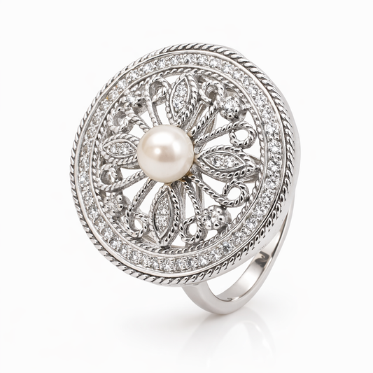 18ct White Gold Diamond and Fresh  Water Pearl Ring