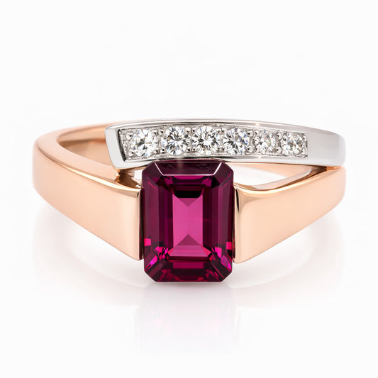 9ct Rose and White Gold Ring with Diamonds and Rhodolite Garnet